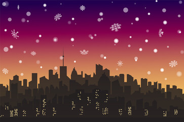 Evening snowy landscape city. Metropolis skyline wallpaper with snowflakes. Winter cityscape silhouette with windows. Jpeg illustration