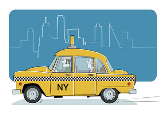 Cartoon yellow retro taxi in New York. Vector illustration