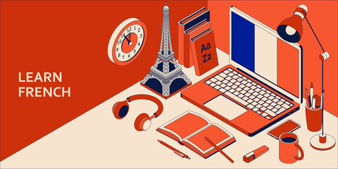 Learn French isometric concept with open laptop, books, headphones, and coffee