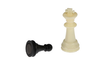 Chess pieces, a white king and a black lying pawn. On a white background, isolated.