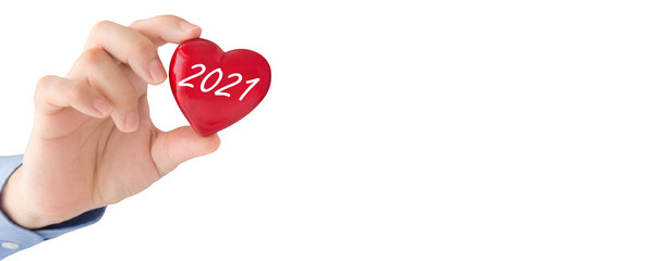 Male hand and red heart 2021 isolated against white background