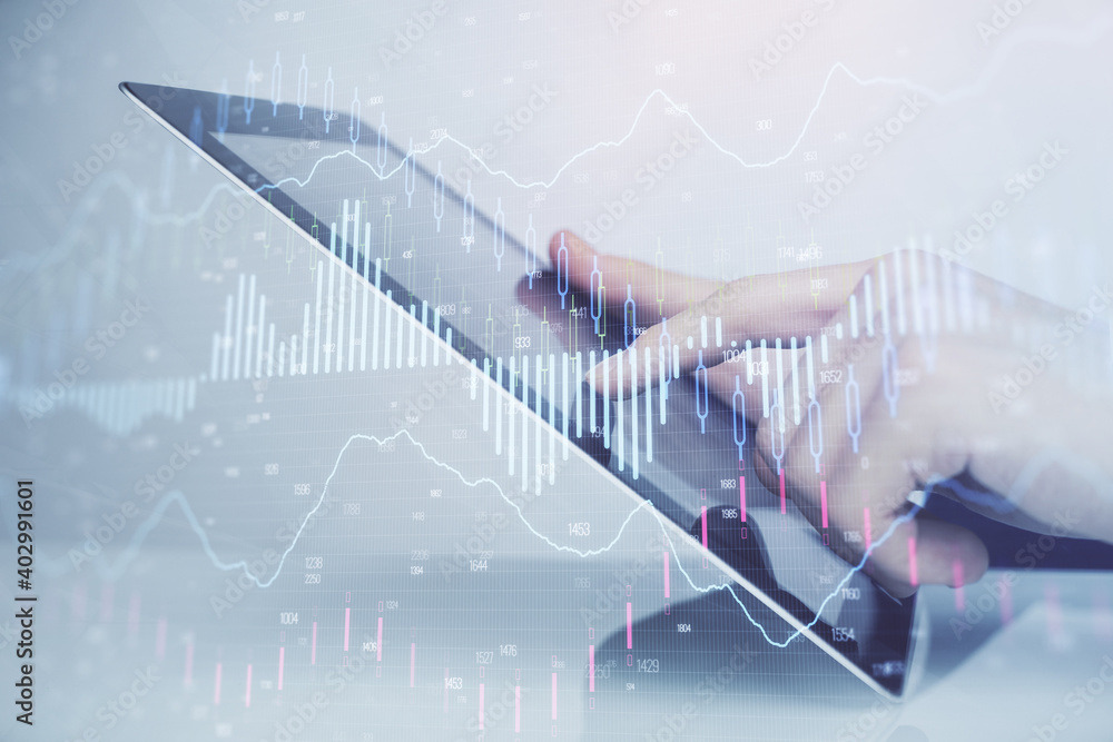 Poster multi exposure of man's hands holding and using a digital phone and forex graph drawing. financial m