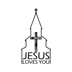 Christian cross and quote Jesus loves you icon isolated on white background