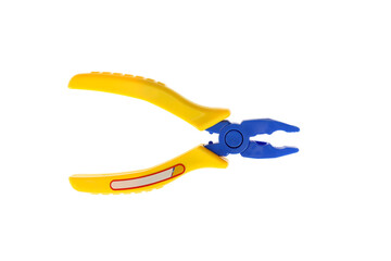Fototapeta premium Toy pliers with a yellow handle. On a white background, isolated