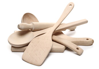 Wooden cooking utensils, kitchenware chopping board, ladle, spoon and roller, rolling pin isolated on white background