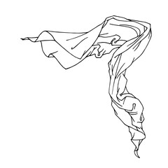 a piece of cloth fluttering in the wind, scarf, drapery for decoration, vector illustration with black ink contour lines isolated on a white background in a doodle & hand drawn style
