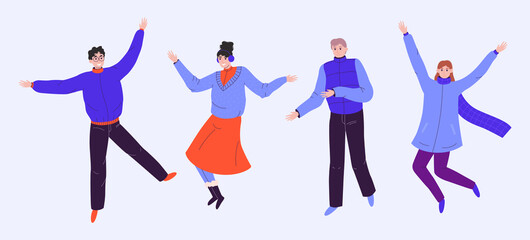 Happy dancing people isolated on gentle purple background. Exciting music party, disco, dancing cartoon images of people. Vector illustration
