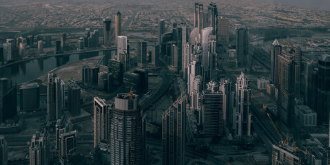 Modern Futuristic Buildings and Skyscrapers in Dubai, UAE, Aerial Panorama.