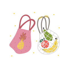 Set of two hand drawn eco bags for products with fruit isolated on a white background. Simple illustration in the flat style that can be used for decoration of textile, paper and other surfaces.