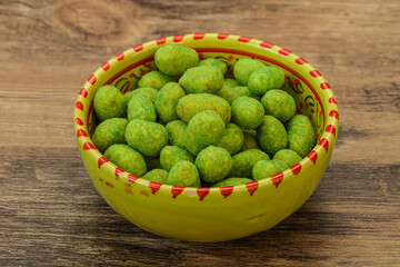 Spicy wasabi peanuts in the bowl