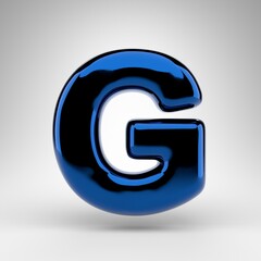 Letter G uppercase on white background. Blue chrome 3D letter with glossy surface.