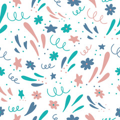 Seamless pattern with hand drawn abstract flowers, stars, drops and other shapes on a white background. Doodle, simple flat illustration. It can be used for decoration of textile, paper.