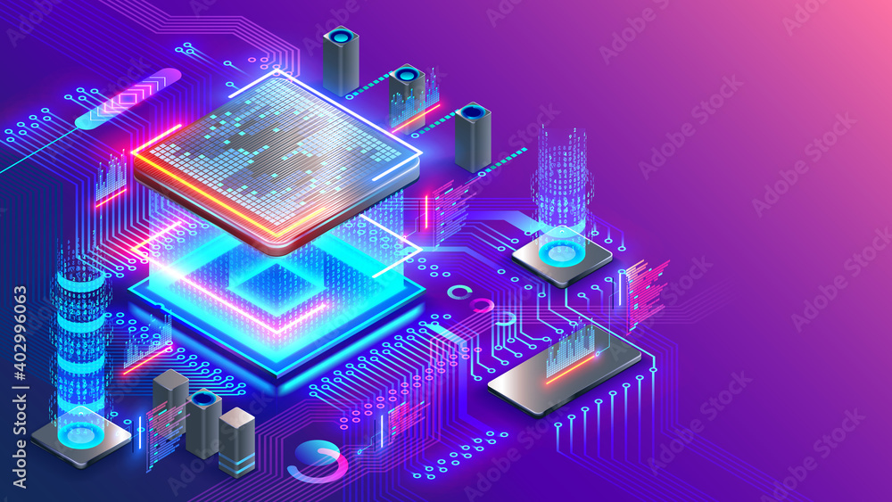 Fototapete Blockchain cryptocurrency technology isometric concept. Graphic cpu miner mines electronic crypto currency. Banking Blockchain Fintech. CPU processor chip on circuit board generating digital money.