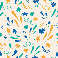 Seamless pattern with hand drawn abstract flowers, stars, drops and other shapes on a beige background. Doodle, simple flat illustration. It can be used for decoration of textile, paper.