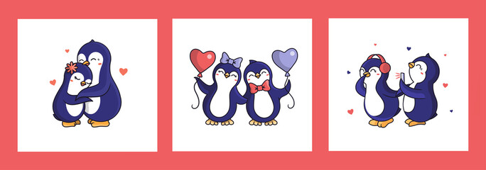 The set of cute postcards for Happy Valentine's Day. Collection of cartoonish penguins 