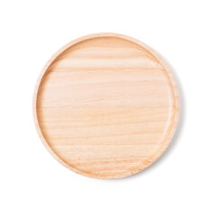Empty wood plate isolated on white background with clipping path, brown wood round tray, top view