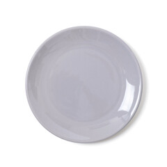 Gray plate, empty dish isolated on white background, clipping path, closeup dishware round ceramic, top view