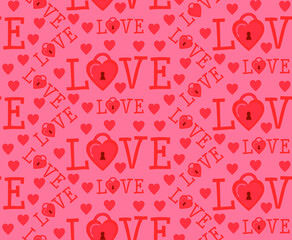 Word Love lettering seamless pattern. Heart shaped padlock romantic symbol. Cute beautiful text pink background to Happy Valentine's Day, wedding, anniversary, greeting card, banner, backdrop, textile