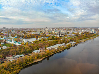 Aerial view of the Vyatka river bank in autumn (Kirov, Russia)
