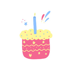 Hand drawn festive cake with a candle, biscuit isolated on a white background. Illustration in a simple flat style. Sweet treat for the holiday. It can be used for decoration of textile, paper.