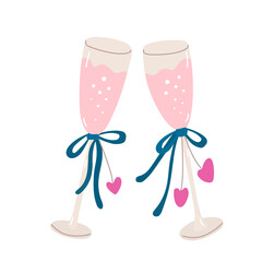Nice glasses of champagne decorated with ribbons and hearts. Valentine's day decoration. Vector illustration for posters and greeting cards design isolated on white. Hand drawn flat style.