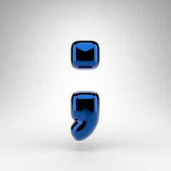 Fototapeta premium Semicolon symbol on white background. Blue chrome 3D sign with glossy surface.
