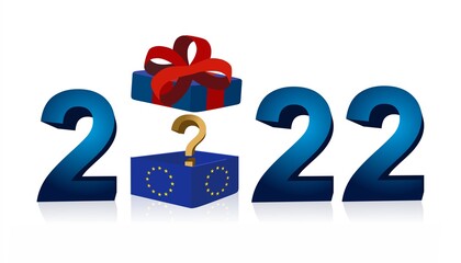 2022 - blue gift box with EU flag and question sign inside