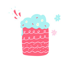 Hand drawn cake with cream, biscuit isolated on a white background. Illustration in a simple flat style. Sweet treat for the holiday. It can be used for decoration of textile, paper.