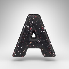 Letter A uppercase on white background. 3D letter with black terrazzo pattern texture.