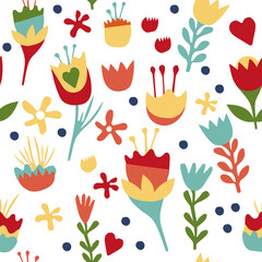 Spring happy floral seamless pattern with handcut paper flowers, hearts on white background, suitable for spring and easter