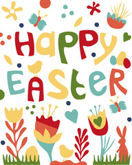 Happy Easter, easter greetings with flowers, text, bunnies, butterflies in soft happy colors