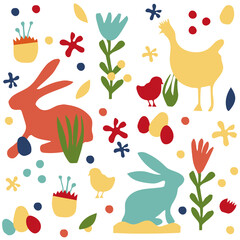 Easter papercut collage illustration with chickens, bunnies, flowers, in spring colors