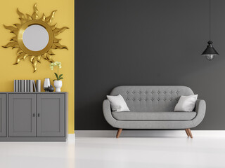 Dark gray and yellow wall living room 3d render.There are white floor,Funished with modern vintage style sofa,decorate with wooden cabinet and golden sun shape mirror