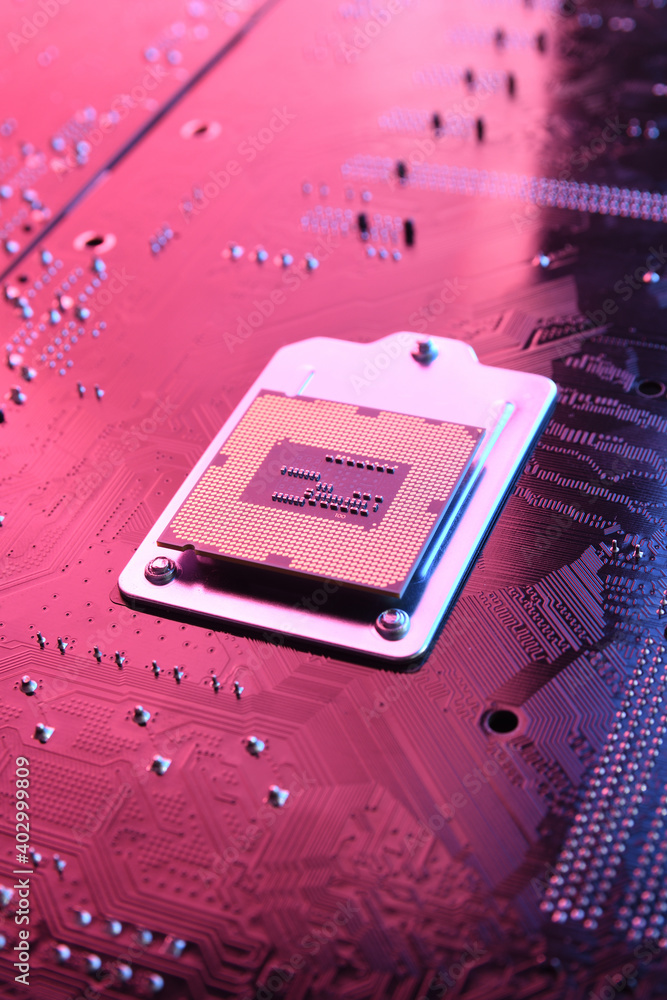 Aufkleber computer cpu processor chip on circuit board ,motherboard background. close-up. with red-blue lighti