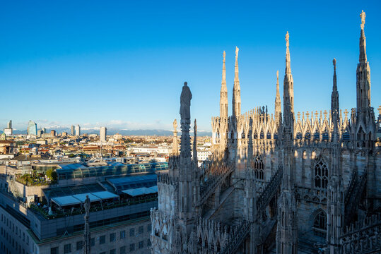 View of Milan historical buildings from the roof of Milan's Cathedral