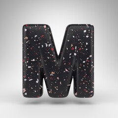 Letter M uppercase on white background. 3D letter with black terrazzo pattern texture.