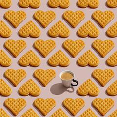 Heart shaped  belgian waffles and a cup of coffee on pink background. Seamless pattern. Happy Valentine's Day.