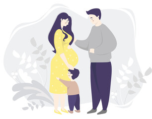 Motherhood. Happy pregnant woman in full growth in a yellow dress, gently hugs her belly. Next to her is the family - son and husband. Gray decorative background with plants. Vector illustration