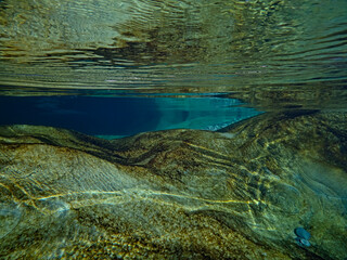 Light reflections and reflections just below the surface of the water