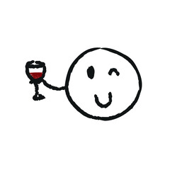 Hand drawn vector illustration with winky smile emoji holding glass of red wine. free hand Illustration isolated on white background. Doodle style 