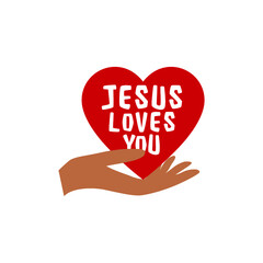 Jesus Loves You sign. Lettering, calligraphy in shape heart isolated on white background