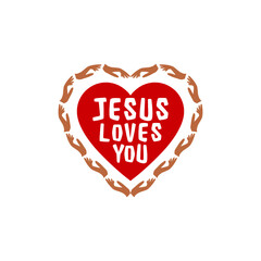 Jesus Loves You sign. Lettering, calligraphy in shape heart isolated on white background