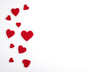 Red Hearts on white background. love, valentines day. with copy space top view
