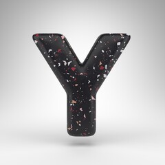 Letter Y uppercase on white background. 3D letter with black terrazzo pattern texture.