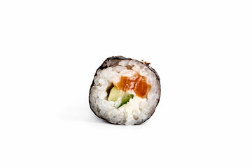 One piece of sushi on a white background. Food and japanese culture