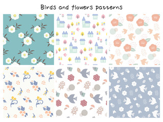Fototapeta premium pattern set of flowers and birds