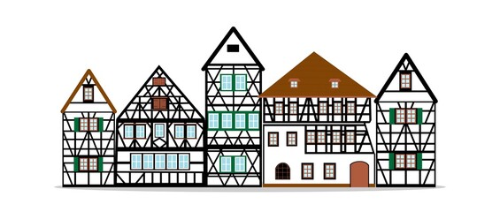 Obraz premium Set of Old german houses with black wooden beams ang green elements. colored half timbered building. Flat facades of european framing houses, cottages