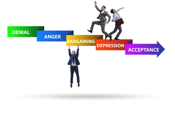 Concept of five stages of grief with businessman