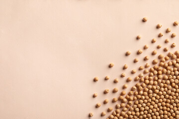 Group of  ripe dry chickpeas seeds scattered from a corner. Background, copy space.  Agricultural crops of leguminous plant (Cicer arietinum). Staple food crop. Vegan protein source. Plant extract.
