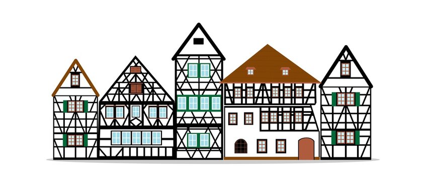 Set of Old german houses with black wooden beams ang green elements. colored half timbered building. Flat facades of european framing houses, cottages